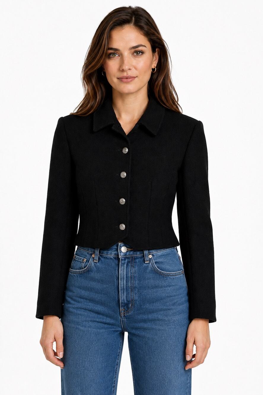 1980s Pendleton Black Virgin Wool Cropped Jacket Blazer XS Petite